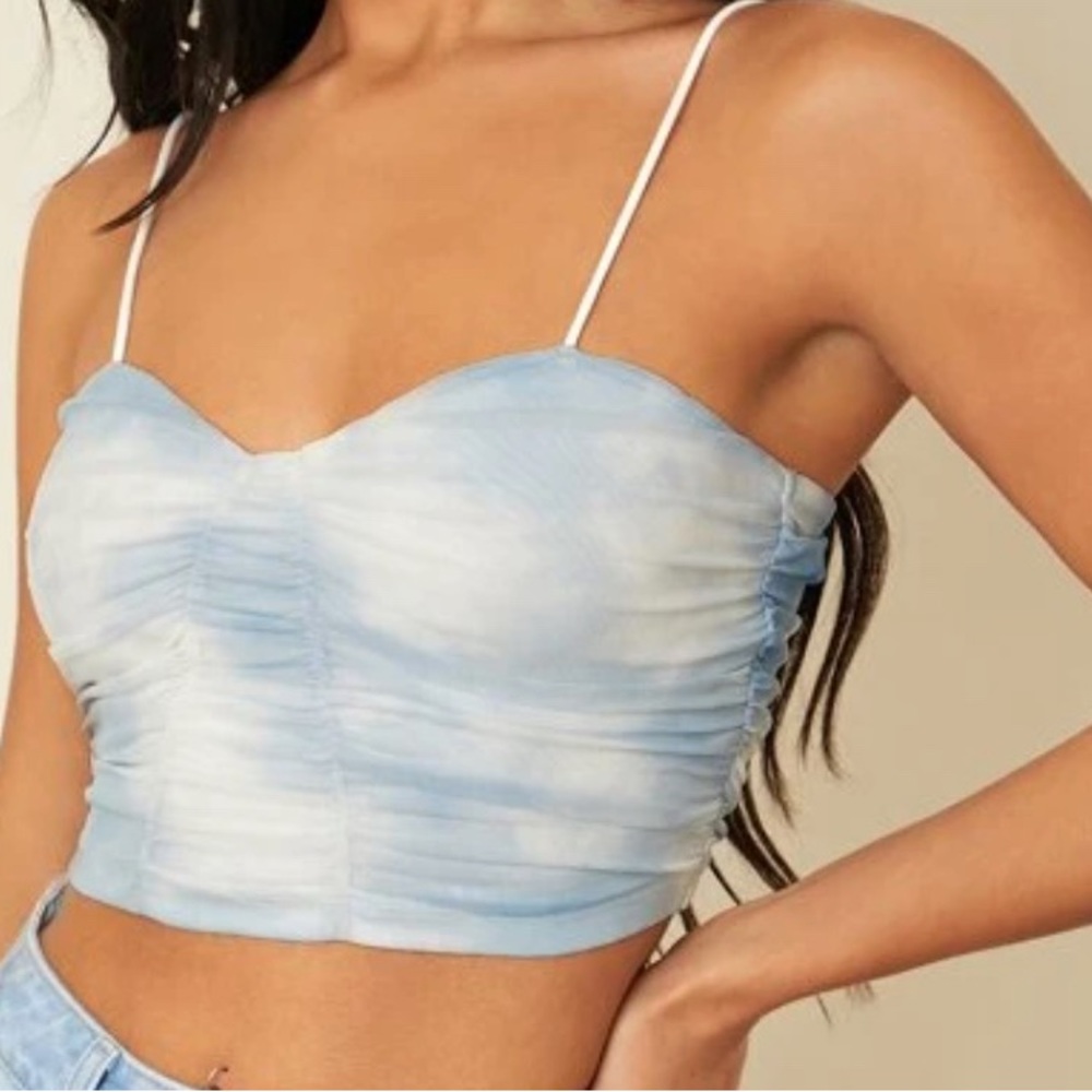 Blue and white crop rucched detail mesh crop top